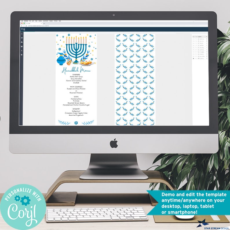 May include: A computer screen displays a Hanukkah menu template with a blue and gold menorah design. The menu includes starters, main courses, and desserts. The screen also shows a matching pattern and the text "Personalize with Corjl."