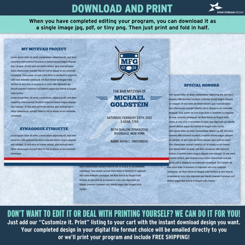 May include: A blue and white printable invitation for a Bar Mitzvah. The invitation features a hockey stick and puck design with the text "MFG 02 24" and the name "Michael Goldstein". The invitation also includes the date and location of the event.