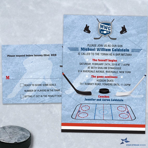 Ice Hockey Bar Mitzvah Invitation and RSVP; Pick your team colors; Printable, Evite or Printed (US Only) Invitations Il_570xn
