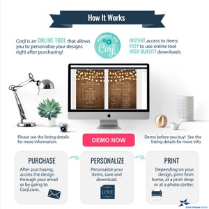 K&ouml;nnte beinhalten: Eine digitale Illustration eines rustikalen Holzhintergrunds mit Lichterketten und dem Text "Willkommen zu unserer Hochzeit" und "Die Hochzeitsfeier". Das Bild ist ein Mockup eines druckbaren Hochzeitsprogramms oder Hochzeitsschildes. Das Bild wird auf einem Computerbildschirm mit einem Button angezeigt, auf dem "Demo jetzt" steht.