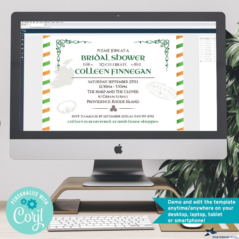 K&ouml;nnte beinhalten: Eine gr&uuml;ne und orangefarbene druckbare Einladung zu einer Bridal Shower mit einem Kleeblatt-Design und dem Text "Bitte nehmen Sie an einer Bridal Shower teil, um Colleen Finnegan zu feiern" und "Samstag, 25. September 12:30 Uhr - 15:30 Uhr The Harp and The Clover 4/ Green Street Providence, Rhode Island RSVP an Maggie bis zum 12. September unter (545) 555 8392 Colleen ist bei Irish home shoppes registriert"