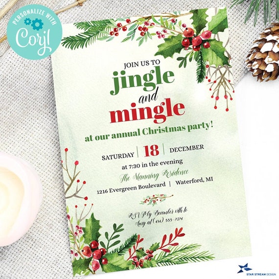 Jingle and Mingle Watercolor Christmas Party Invitation | 2-sided, 5x7 ...