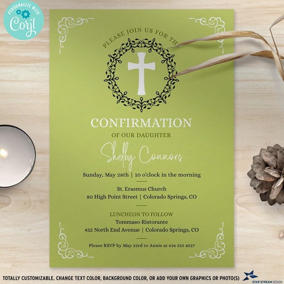 Cross in Wreath Confirmation Invitation, Choose your own color(s) | 2-sided, 5x7 | Editable Printable Digital Template | Edit Online & Print Il_570xn