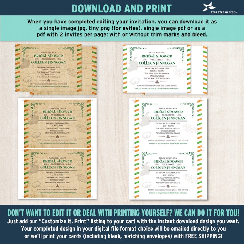 Vintage Irish Bridal Wedding Shower Invitation 7x5, Two sided Editable Digital Printable Template Edit Online & Print image 7