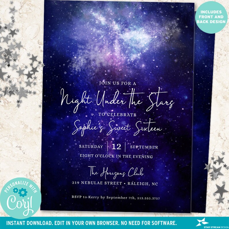 May include: A purple and blue galaxy-themed invitation for a 16th birthday party. The invitation reads "Join us for a Night Under the Stars to celebrate Sophie's Sweet Sixteen. Saturday 12 September Eight o'clock in the evening The Horizons Club 319 Nebulae Street Raleigh, NC RSVP to Kerry by September 7th, 313.555.3757"