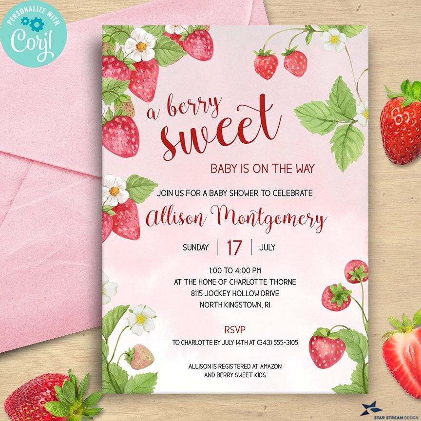 Editable Strawberry Baby Shower Invitation Berry Sweet Baby 