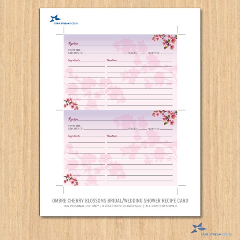 PDF Instant Download Printable Ombre Cherry Blossom Recipe Card 6x4 