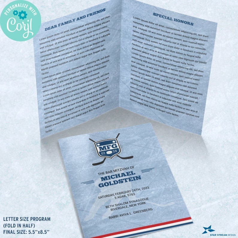 May include: A blue and white bar mitzvah program with a hockey theme. The program features a hockey stick and puck with the letters "MFG" and the numbers "02 24". The text "The Bar Mitzvah of Michael Goldstein" is printed in a bold, black font. The date and location of the event are also included.