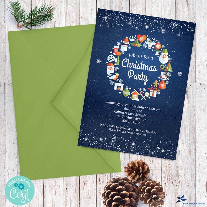 Snowy Wreath Blue Christmas Party Invitation 2sided 5x7