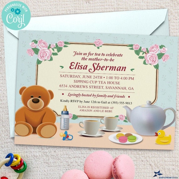 Tea Party Baby Shower Invitation | 2-sided, 7x5 | Editable Digital Printable Template | Edit Online & Print Yourself Il_570xn