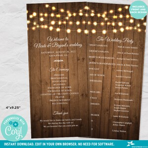 K&ouml;nnte beinhalten: Rustikales Hochzeitsprogramm mit Holzmaserung und Lichterketten. Das Programm enth&auml;lt die Reihenfolge der Zeremonie, die Hochzeitsgesellschaft und einen Dankestext. Das Programm ist 10,16 cm x 23,5 cm gro&szlig;.