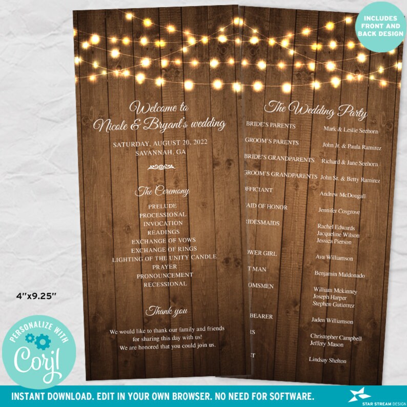 K&ouml;nnte beinhalten: Rustikales Hochzeitsprogramm mit Holzmaserung und Lichterketten. Das Programm enth&auml;lt die Reihenfolge der Zeremonie, die Hochzeitsgesellschaft und einen Dankestext. Das Programm ist 10,16 cm x 23,5 cm gro&szlig;.