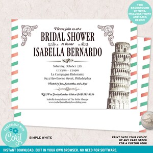 May include: A rectangular bridal shower invitation card featuring a black and white illustration of the Leaning Tower of Pisa on the right side, with decorative scrollwork corners and text detailing an event for Isabella Bernardo.