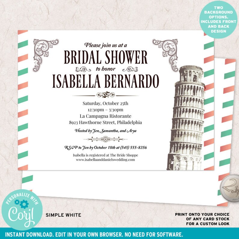 May include: A rectangular bridal shower invitation card featuring a black and white illustration of the Leaning Tower of Pisa on the right side, with decorative scrollwork corners and text detailing an event for Isabella Bernardo.