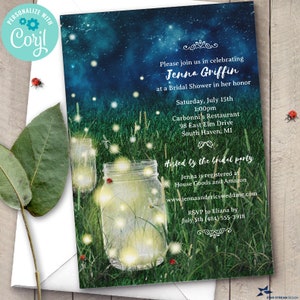 Rustic Meadow Summer Night Mason Jar Fireflies Bridal Wedding Shower Invitation | 2-sided, 5x7 | Editable Digital Template | Edit Online