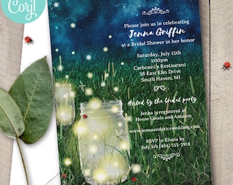 Fireflies Bridal Shower Invitation: Rustic Meadow Mason Jar (Editable Digital Template)