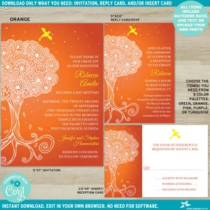 Ornate Tree of Life Bat Mitzvah Invitation, RSVP, and/or Insert 5 color options Editable Digital Template Edit Online & Print Orange