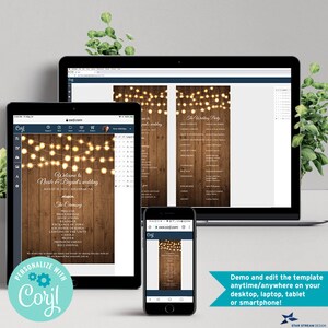 K&ouml;nnte beinhalten: Ein digitales Mockup, das eine Hochzeitsprogrammvorlage auf einem Laptop, Tablet und Smartphone zeigt. Die Vorlage verf&uuml;gt &uuml;ber einen rustikalen Holzhintergrund mit Lichterketten und dem Text "Willkommen zur Hochzeit von Nicole und Bryant".