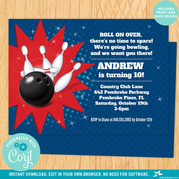 Kids Red and Blue Bowling Birthday Party Invitation | 2-sided, 7x5 | Editable Digital Printable Template | Edit Online & Print Yourself Il_570xn