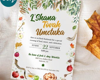 Rosh Hashanah Invitation, Editable Jewish New Year Holiday Party Invite, Watercolor Challah Apple Honey Shofar, Corjl Template