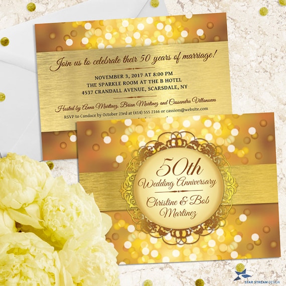 Metallic Bokeh Golden 50th Wedding Anniversary Party Invitation, Faux