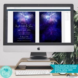 May include: A digital invitation template for a Sweet Sixteen party with a galaxy theme. The invitation features a dark blue background with a galaxy design and the text "Join us for a Night Under the Stars to celebrate Sophie's Sweet Sixteen".
