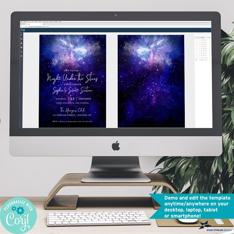 May include: A digital invitation template for a Sweet Sixteen party with a galaxy theme. The invitation features a dark blue background with a galaxy design and the text "Join us for a Night Under the Stars to celebrate Sophie's Sweet Sixteen".