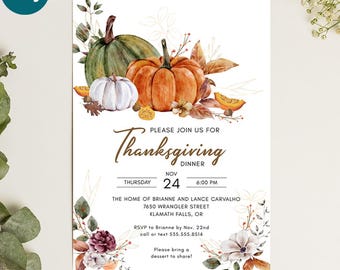 Watercolor Thanksgiving Dinner Invitation Template, Fall Pumpkin Invite, Friendsgiving Invitation, Digital or Printed Cards, Corjl
