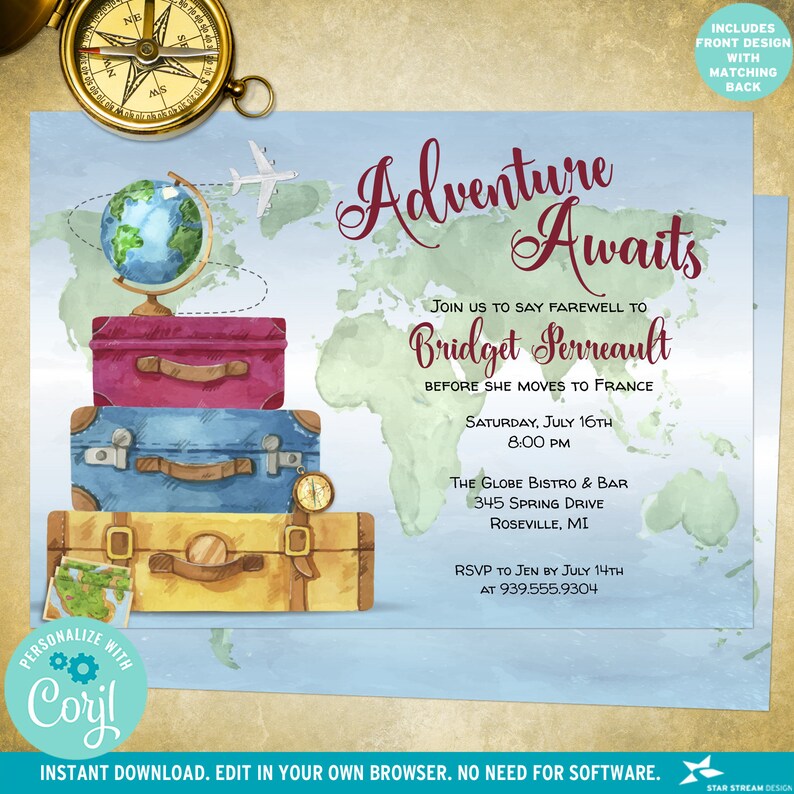 May include: A watercolor illustration of a world map with a globe, suitcases, and an airplane. The text reads "Adventure Awaits" and "Join us to say farewell to Bridget Perreault before she moves to France". The invitation is for a party on Saturday, July 16th at 8:00 PM at The Globe Bistro & Bar, 345 Spring Drive, Roseville, MI. RSVP to Jen by July 14th at 939.555.9304.