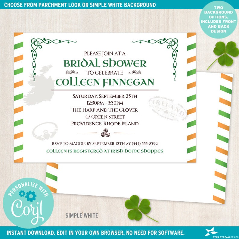 Vintage Irish Bridal Wedding Shower Invitation 7x5, Two sided Editable Digital Printable Template Edit Online & Print White