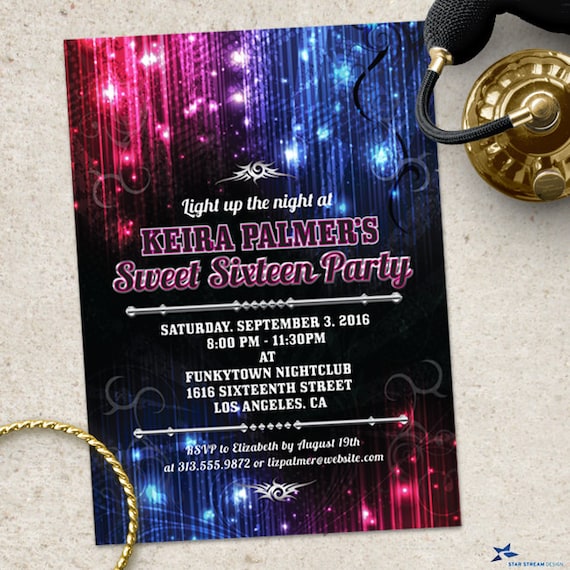Magical Neon Glow Lights Sweet 16 Party Invitation, Printable, Evite or Printed (US Only) Invitations Il_570xn