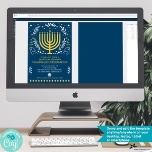 K&ouml;nnte beinhalten: Eine digitale Einladungsvorlage auf einem Computerbildschirm mit dunkelblauem Hintergrund, einer gelben Menora-Illustration, wei&szlig;en Blattakzenten und Text, der eine Chanukka-Feier mit Veranstaltungsdetails und Datum ank&uuml;ndigt.