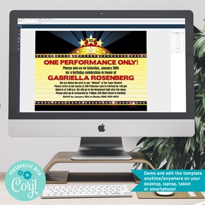 May include: A digital invitation for a birthday party with a red and yellow marquee design. The invitation reads "One Performance Only!" and includes the name "Gabriella Rosenberg".