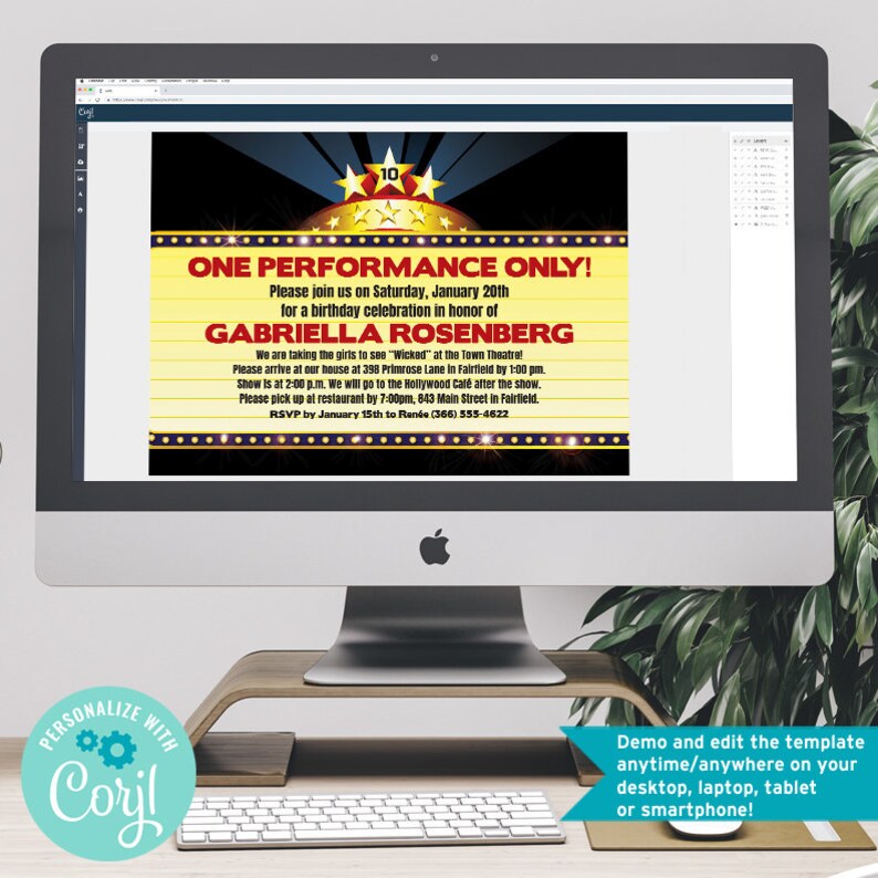 May include: A digital invitation for a birthday party with a red and yellow marquee design. The invitation reads "One Performance Only!" and includes the name "Gabriella Rosenberg".