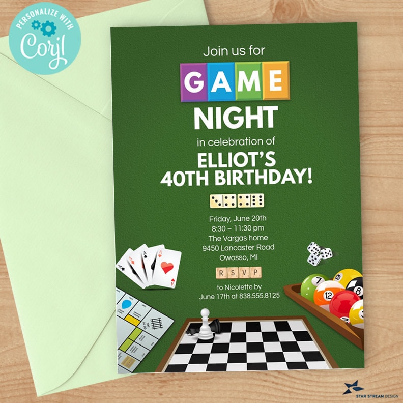 Game Night Party Invitation | 5x7, 2-sided | Editable Digital Printable Template | Edit Online & Print