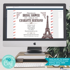 May include: A digital bridal shower invitation template displayed on a computer screen. The design features a brown Eiffel Tower illustration, decorative scrollwork, and text reading Please join us at a BRIDAL SHOWER in honor of CHARLOTTE BERTRAND.