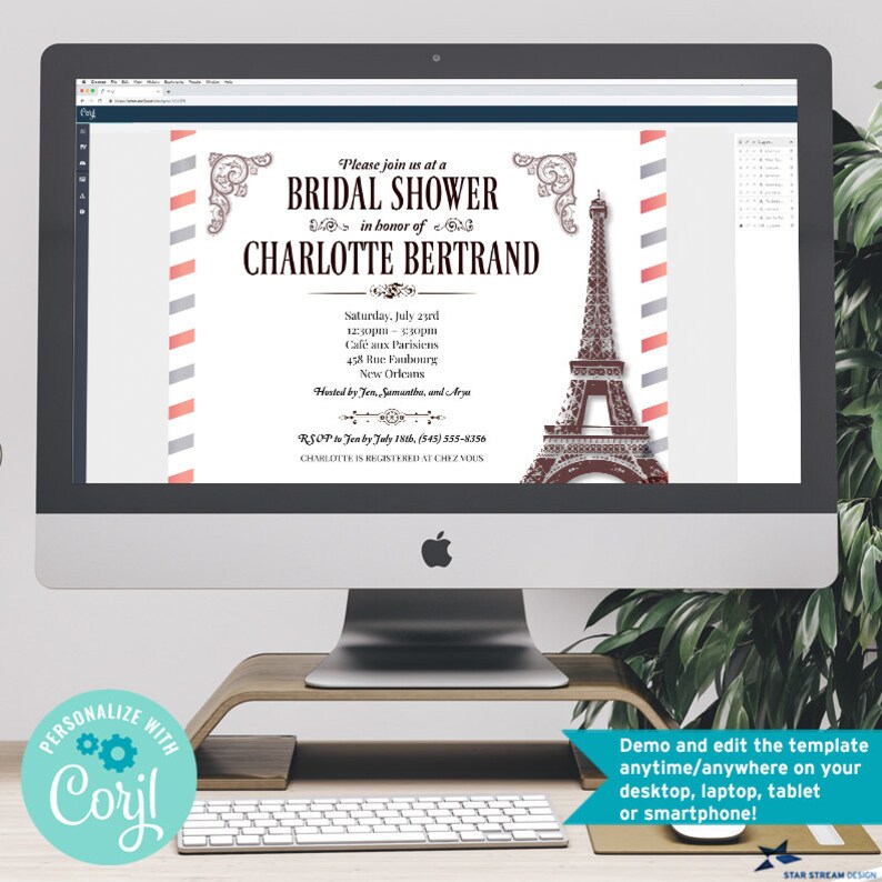 May include: A digital bridal shower invitation template displayed on a computer screen. The design features a brown Eiffel Tower illustration, decorative scrollwork, and text reading Please join us at a BRIDAL SHOWER in honor of CHARLOTTE BERTRAND.