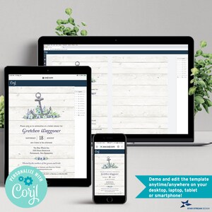 Puede incluir: Una maqueta digital de una invitaci&oacute;n de despedida de soltera imprimible con un tema n&aacute;utico. La invitaci&oacute;n presenta un dise&ntilde;o floral de acuarela azul y blanco con un ancla plateada. El texto de la invitaci&oacute;n dice: "Por favor, &uacute;nase a nosotros para celebrar una despedida de soltera para Gretchen Waggoner, s&aacute;bado 18 de agosto, a la una de la tarde, The Blue Whale Inn, 2435 Beach Boulevard, Portsmouth, New Hampshire. Organizado por las madres del novio y la novia."
