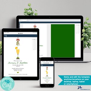 May include: A digital invitation template displayed on a laptop, tablet, and smartphone screen. The design features a mimosa glass, mistletoe, and text reading Please join us for Mimosas & Mistletoe, Saturday, December 20th, 8:00 pm, Amanda and Kevin Searborn, 215 West Erie Street, Buffalo, New York.