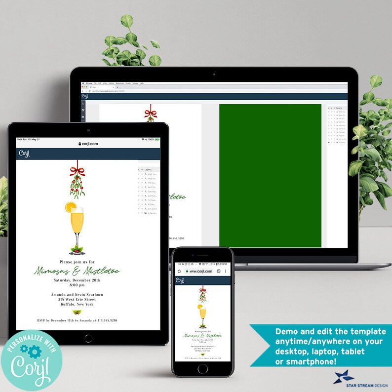 May include: A digital invitation template displayed on a laptop, tablet, and smartphone screen. The design features a mimosa glass, mistletoe, and text reading Please join us for Mimosas & Mistletoe, Saturday, December 20th, 8:00 pm, Amanda and Kevin Searborn, 215 West Erie Street, Buffalo, New York.