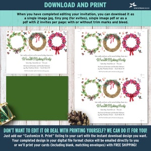 May include: Holiday-themed invitation design with wreath illustrations. The invitation includes text for a "Wreath Making Party" with event details. A green envelope and a pinecone are also visible.