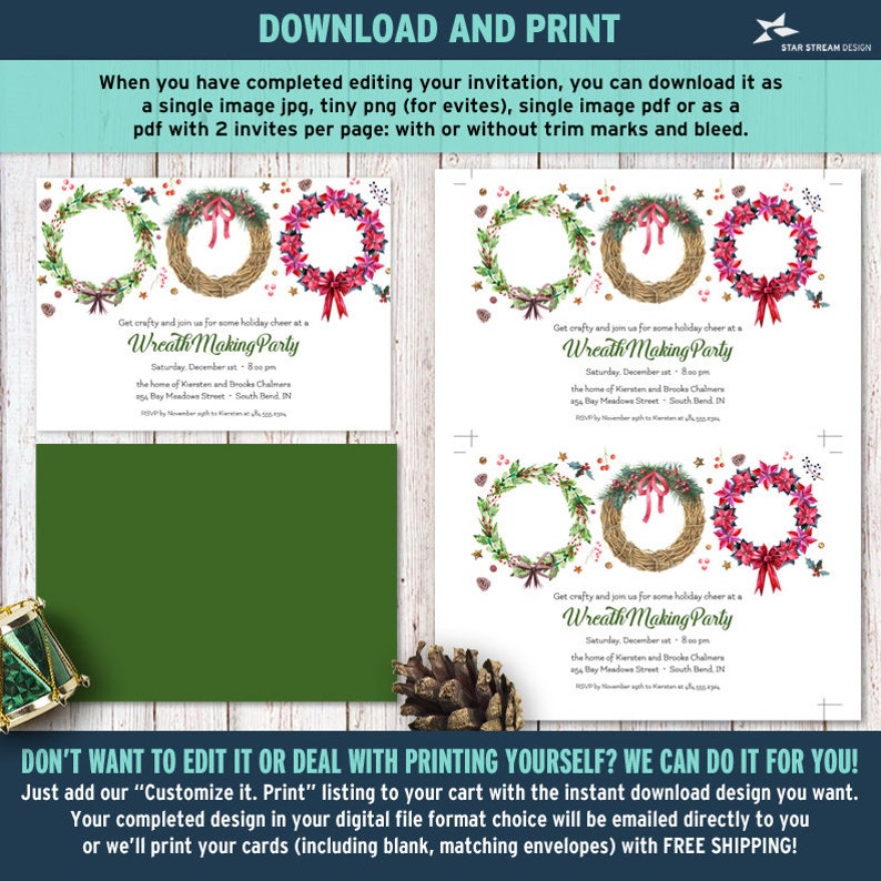 May include: Holiday-themed invitation design with wreath illustrations. The invitation includes text for a "Wreath Making Party" with event details. A green envelope and a pinecone are also visible.