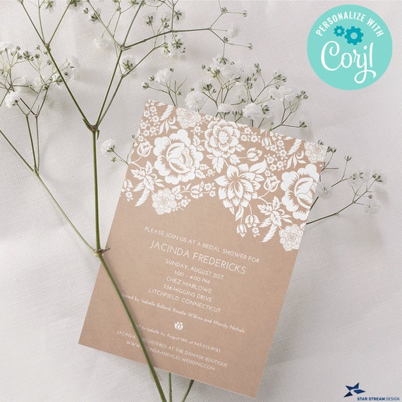 White Floral Damask Bridal Wedding Shower Invitation | Change background  color | 2-sided, 5x7 | Digital Template | Edit Online & Print by Star  Stream Design | Catch My Party