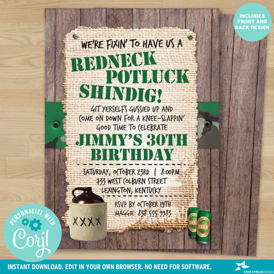 Rustic Redneck Hillbilly Party Invitation, Birthday Party 2sided, 5x7