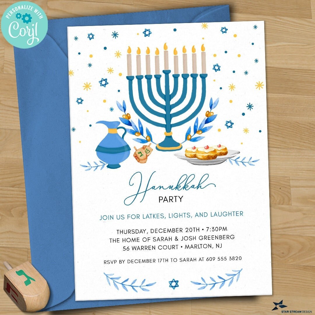 Watercolor Hanukkah Holiday Party Invitation 2sided 5x7 Etsy