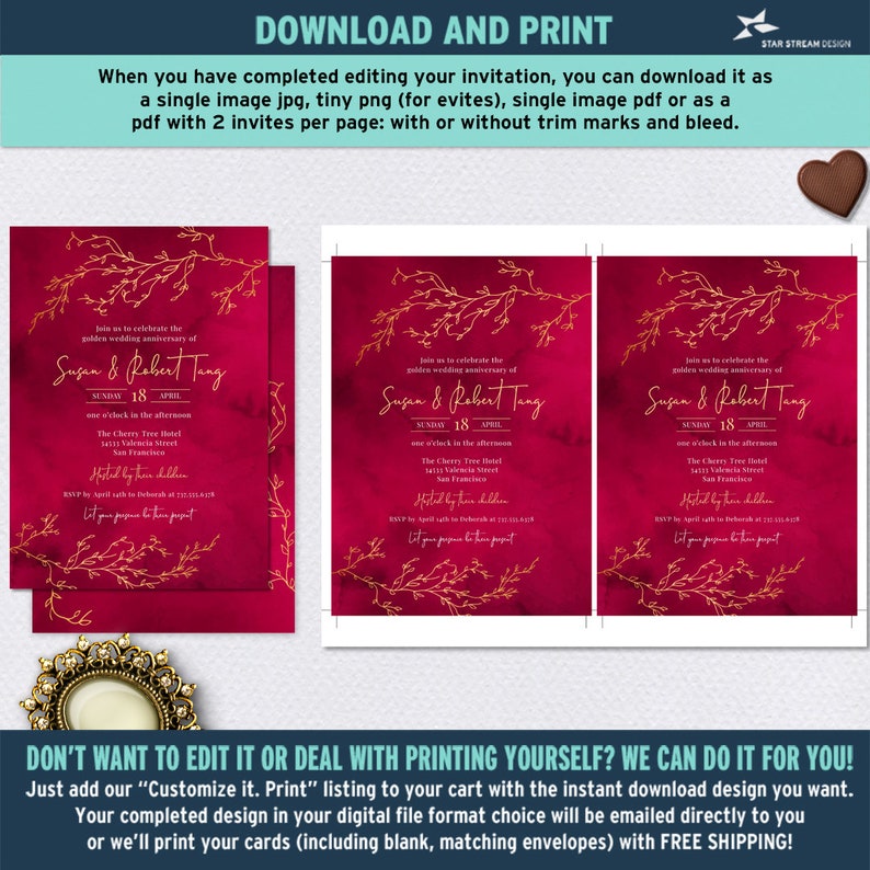 Gold Branches and Red Watercolor Anniversary Party Invitation 2-sided, 5x7 Editable Digital Template Edit Online & Print image 6