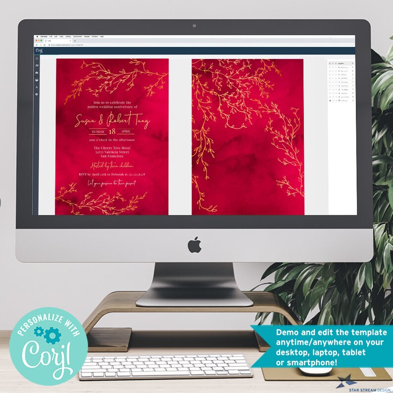 Gold Branches and Red Watercolor Anniversary Party Invitation 2-sided, 5x7 Editable Digital Template Edit Online & Print image 4