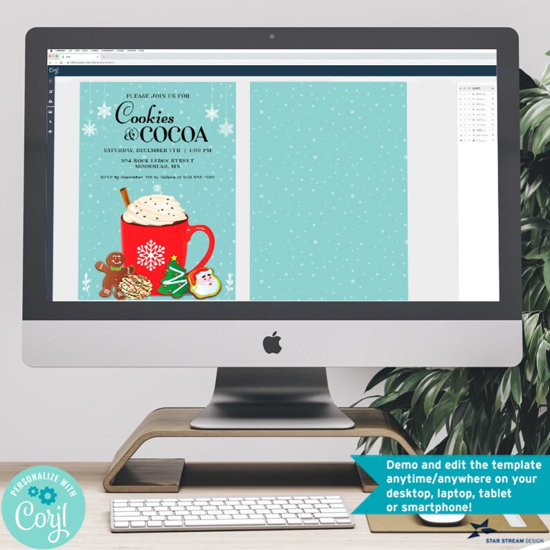 May include: A digital invitation template for a Cookies & Cocoa party. The template features a red mug with hot chocolate and whipped cream, surrounded by gingerbread cookies and a Christmas tree. The text on the invitation reads "Please join us for Cookies & Cocoa" and includes the date, time, and location of the party.