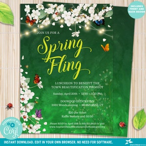 May include: A green invitation with a floral design and butterflies. The text reads "Join us for a Spring Fling" and includes details for a luncheon to benefit the Town Beautification Project. The event will be held on Sunday, April 20th from 12:30 to 3:30 PM at the Dogwood Estates Inn, 3393 Woods Avenue, Wethersfield, CT. Tickets are $20 per person and include raffle baskets and a 50/50 raffle. RSVP by April 16th to 848-555-9823 or visit www.hopewellbeautificationprojectfundraiser.org.
