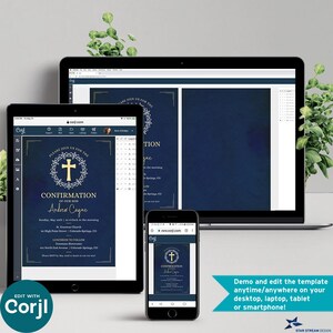 Boy Confirmation Invitation, Blue Watercolor Cross Wreath Template, Editable 5x7 Boy Holy Sacrament Invite, First Communion Printable Evite image 3